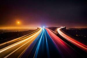 un' lungo esposizione foto di un' autostrada a notte. ai-generato