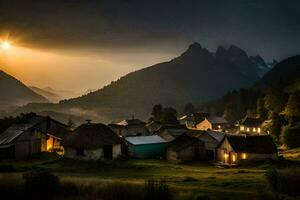 foto sfondo il cielo, montagne, il sole, il montagne, il villaggio, il villaggio,. ai-generato