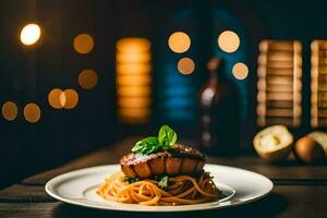 un' piatto di pasta con carne su superiore. ai-generato foto