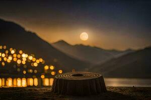 un' di legno barile seduta su il spiaggia a notte. ai-generato foto