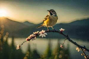 un' uccello arroccato su un' ramo con fiori nel il sfondo. ai-generato foto