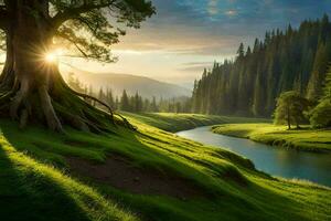 il sole sorge al di sopra di il verde erba e alberi nel il foresta. ai-generato foto