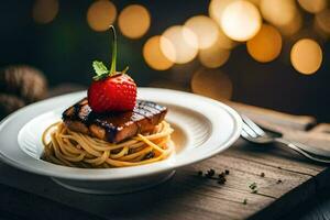 un' piatto di spaghetti con un' fragola su superiore. ai-generato foto