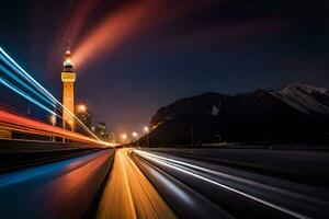 un' lungo esposizione fotografia di un' città strada a notte. ai-generato foto