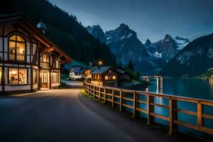 un' Casa su il lato di un' montagna prospiciente un' lago. ai-generato foto