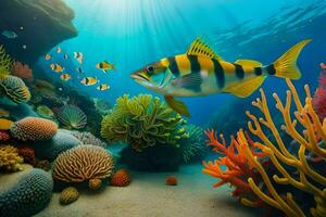 un subacqueo scena con pesce e coralli. ai-generato foto