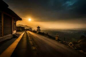 un' strada principale per un' villaggio a tramonto. ai-generato foto