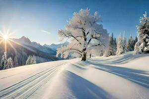 un' albero coperto nel neve nel il montagne. ai-generato foto