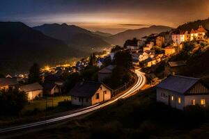 foto sfondo il cielo, montagne, notte, il villaggio, il strada, il villaggio, il. ai-generato