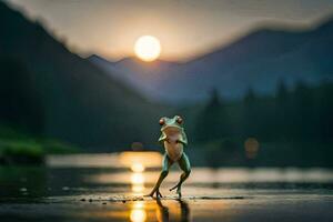 un' rana in piedi su il riva di un' lago a tramonto. ai-generato foto