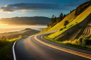 un' avvolgimento strada nel il montagne con un' tramonto. ai-generato foto