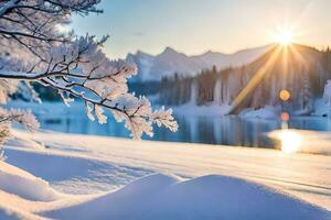 foto sfondo il cielo, neve, alberi, lago, sole, montagne, alberi, inverno,. ai-generato