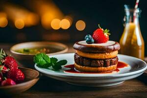 un' piatto con un' torta e fragole su esso. ai-generato foto