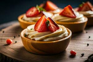 piccolo dolci con fragole su un' di legno tavola. ai-generato foto