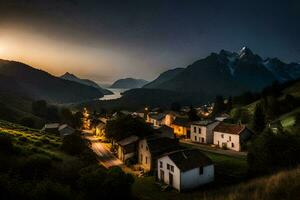 un' villaggio nel il montagne a tramonto. ai-generato foto