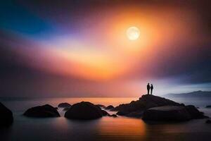 un' coppia in piedi su rocce nel davanti di un' pieno Luna. ai-generato foto