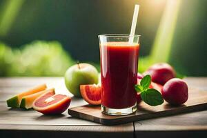 un' bicchiere di succo con frutta e un' cannuccia. ai-generato foto