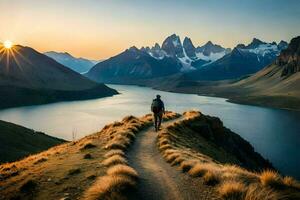 un' uomo passeggiate su un' sentiero nel il montagne. ai-generato foto