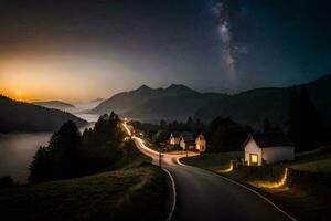 un' strada nel il montagne a tramonto. ai-generato foto