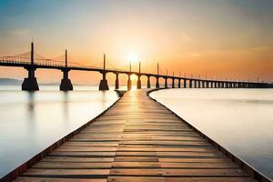 un' lungo di legno ponte al di sopra di acqua a tramonto. ai-generato foto