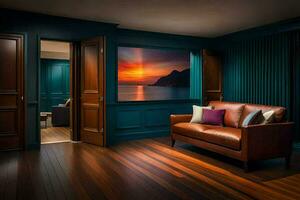 un' camera con un' divano e un' Visualizza di il oceano. ai-generato foto