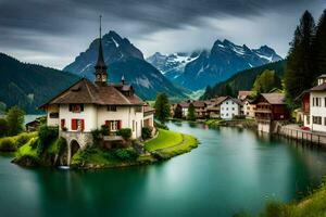 un' piccolo villaggio si siede su il bordo di un' lago circondato di montagne. ai-generato foto