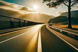 un' auto guida su un' autostrada con il sole splendente. ai-generato foto