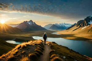 il sole sorge al di sopra di il montagne. ai-generato foto