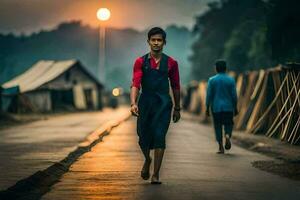 un' uomo a piedi giù il strada a tramonto. ai-generato foto