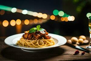 spaghetti con carne e salsa su un' piatto. ai-generato foto