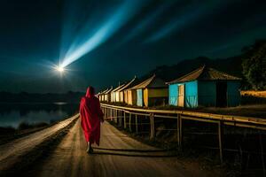 un' persona nel un' rosso accappatoio passeggiate giù un' sentiero a notte. ai-generato foto