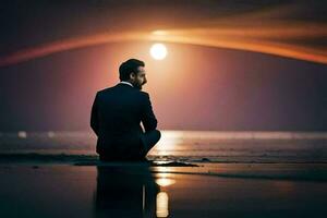 un' uomo nel un' completo da uomo si siede su il spiaggia a tramonto. ai-generato foto