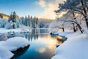 inverno paesaggio con neve coperto alberi e acqua. ai-generato foto