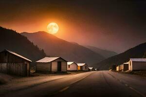 un' pieno Luna sorge al di sopra di un' strada con capanne. ai-generato foto