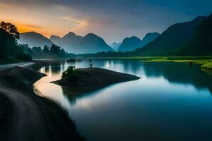 il sole imposta al di sopra di un' fiume e montagne nel Vietnam. ai-generato foto