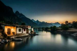 un' Casa si siede su il banca di un' fiume a tramonto. ai-generato foto