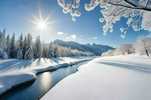 neve coperto alberi e un' fiume nel il neve. ai-generato foto