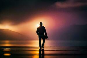 un' uomo nel un' cappello e cappello in piedi su il spiaggia a tramonto. ai-generato foto