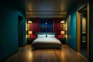 un' Camera da letto con un' letto e blu muri. ai-generato foto