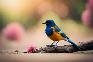 un' blu e arancia uccello si siede su un' ramo con rosa fiori. ai-generato foto