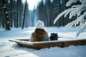 un' donna seduta nel un' di legno scatola nel il neve. ai-generato foto