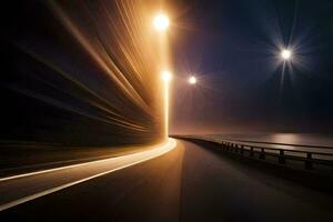 un' lungo esposizione fotografia di un' autostrada a notte. ai-generato foto