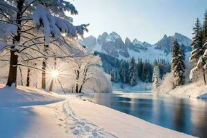 un' nevoso fiume e alberi nel il montagne. ai-generato foto