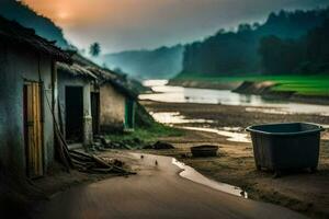 un' piccolo Casa con un' secchio e un' fiume. ai-generato foto