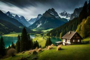 il Casa nel il montagne. ai-generato foto