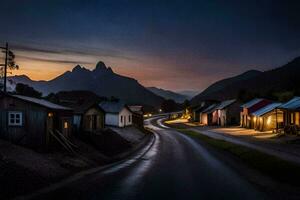 un' strada nel il montagne a notte. ai-generato foto