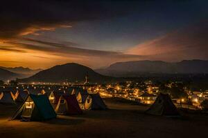 tende nel il deserto a notte con montagne nel il sfondo. ai-generato foto