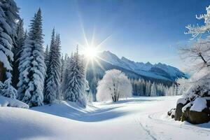 neve coperto alberi e montagne nel il sole. ai-generato foto