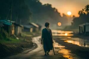 un' donna a piedi giù un' strada a tramonto. ai-generato foto