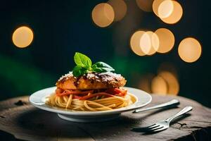 pollo Seno con spaghetti e pomodoro salsa su un' piatto. ai-generato foto